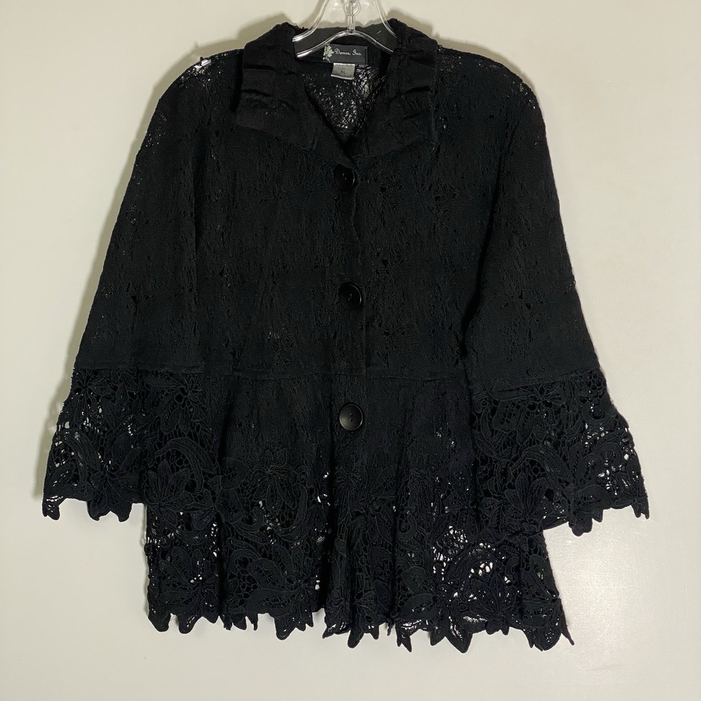 Damee Jacket Womens XL Black Sheer Scalloped Crochet Classic Swing Art To Wear
